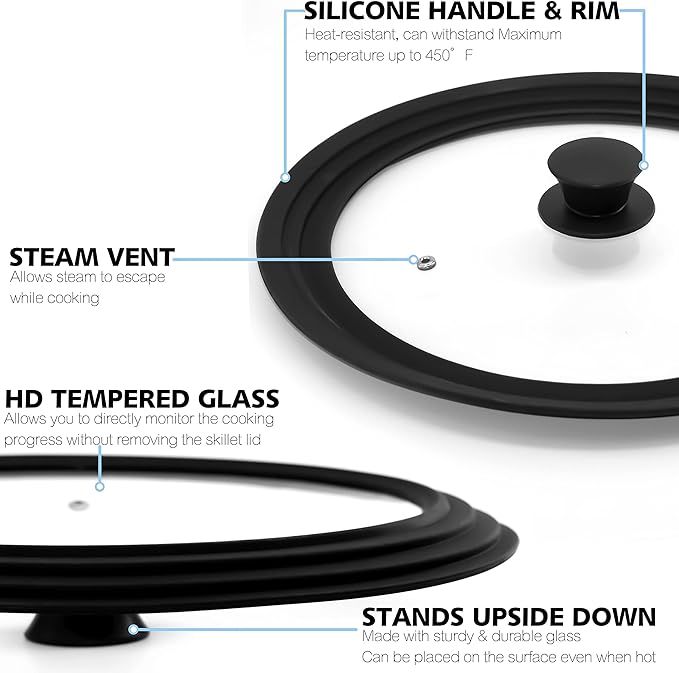 Anaeat Silicone Universal Lid for Pots, Pans and Skillets - Tempered Glass Covered with Heat Resistant Silicone Rim Fits 11", 12" and 12.5" Diameter Cookware -Easy to Use Replacement Frying Pan Cover
