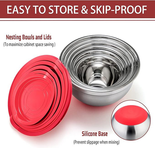 P&P CHEF Mixing Bowls With Lids, Set of 6, Stainless Steel Nesting Mixing Bowls & Fitting Lids & Non-Slip Silicone Bottom, Ideal for Mixing, Storing, Size 0.7/1/1.5/2.5/3/4.6 Qt, Red
