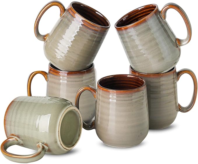 Hasense 12 oz Coffee Mugs, Ceramic Coffee Cups Set of 6, Stoneware Latte Mug with Large Handle for Coffee, Tea, Milk and Chocolate, Easy Hold & Clean, Dishwasher & Microwave Safe, Light Grey