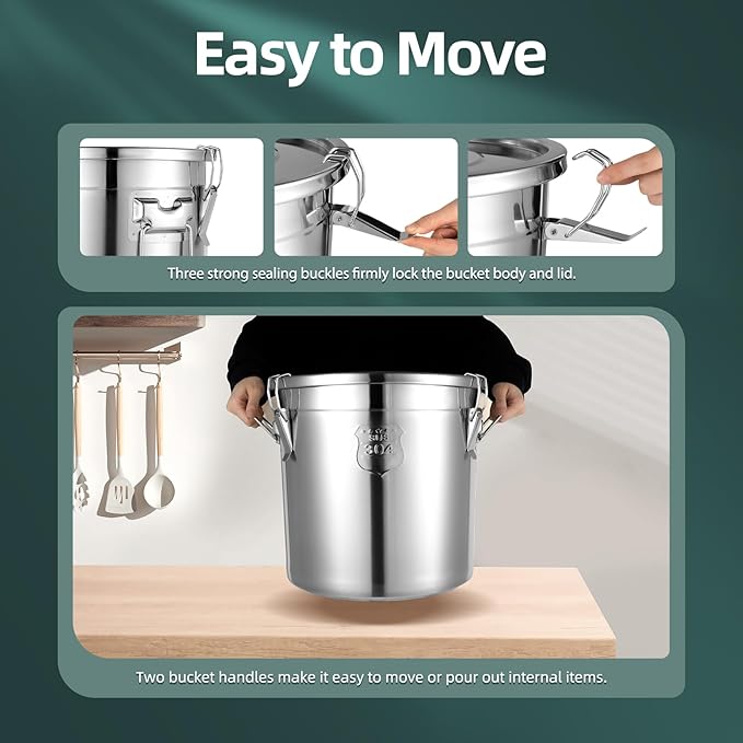 304 Stainless Steel Storage Containers with Lid, 21L/5.55gal Airtight Canister with Locking Clamps Multi-Purpose Kitchen Storager Bucket Food Jar, for Rice Cereal Flour Coffee Beans Milk (21L)