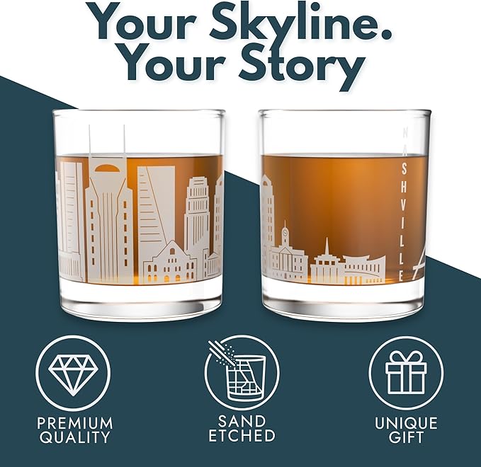 Greenline Goods – Nashville, TN Skyline Whiskey Glasses (Set of 2), 10 oz – Rocks/Old Fashioned Tumblers