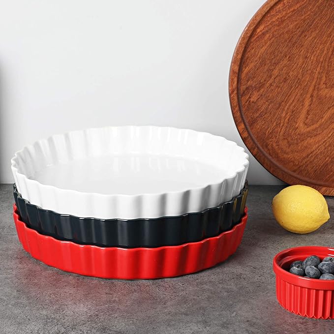 ONTUBE Pie Pans 11 Inches Ceramic Quiche Pans, Round Pie Tins for Baking,Oven Safe, Set of 2 (White)