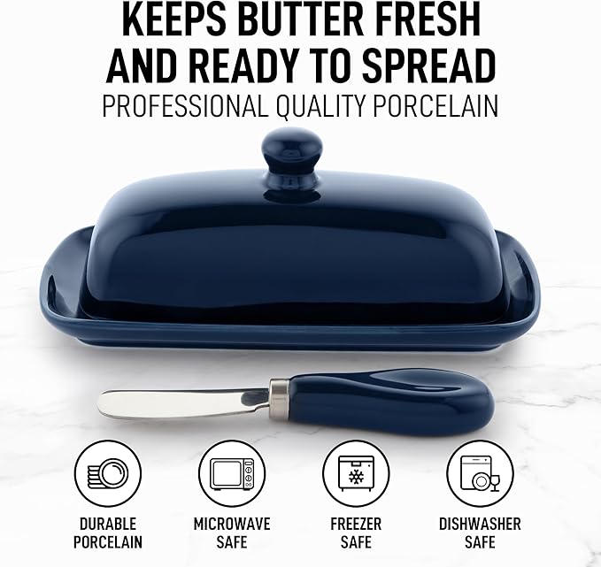 Zulay Butter Dish With Lid For Countertop - Porcelain White, Ceramic Butter Dish with Knob Handle Great for Cooking - Elegant Design Butter Holder - Durable & Sturdy Butter Keeper - Navy