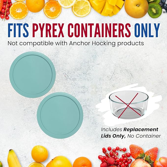 Replacement Lids for Pyrex 2-Cup Glass Food Storage Container Bowls, 5-Inch Plastic Round Lids Covers fits Pyrex 7200-PC, Airtight & Leakproof (2-Pack, Turquoise)