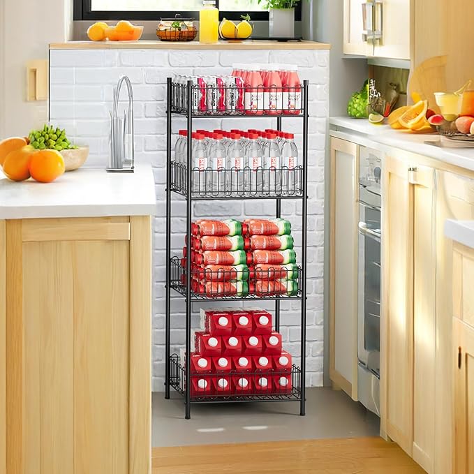 Vrisa Water Bottle Organizer 4 Tiers Free Standing Water Bottle Holder Beverage Soda Can Drink Holder Stand Can Organizer Storage Rack for Pantry Kitchen Food Storage, Black