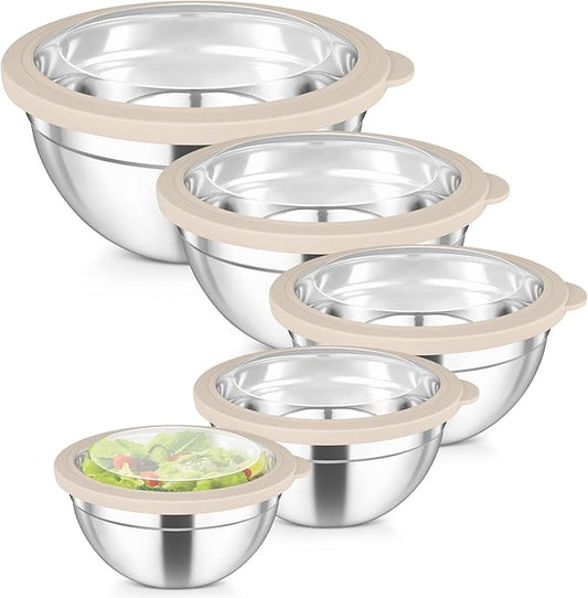 TeamFar Mixing Bowls, 4.5/3/1.5/1/0.7 QT Stainless Steel Nesting Salad Bowls with Visible Lids, For Serving/Mixing/Storing, Non-Toxic & Heavy Duty, Airtight & Easy Clean, Khaki, Set of 5