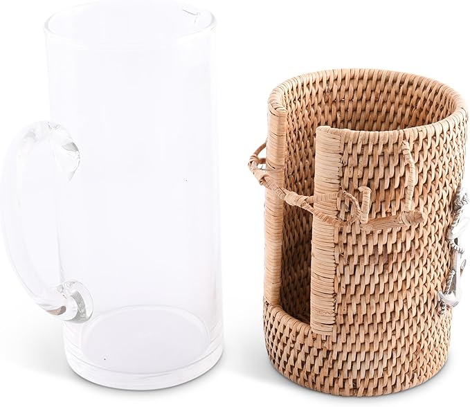 Vagabond House Glass Carafe with Rattan Cover, Ocean-Inspired Table Centerpiece, Ice Tea Pitcher with Removable Glass Pitcher, Woven Wicker Style, Dishwasher Safe, Perfect for Beach House Summer Party