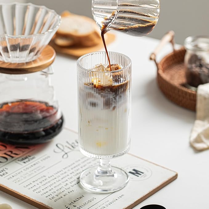 INSETLAN Set of 4 Ribbed Glass Goblets – 12oz Vertical Stripe Stemmed Glassware for Cocktails, Wine, and Beverages – Elegant Durable Glass Cups for Parties, Weddings, and Everyday Use