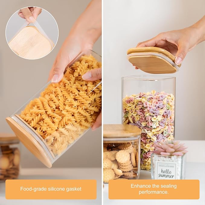 YUNCANG Glass Storage Jars 27oz [Set of 6],Clear Glass Food Storage Containers with Airtight Bamboo Lid Stackable Kitchen Canisters for Candy,Cookie,Rice,Sugar,Flour,Pasta(Square)