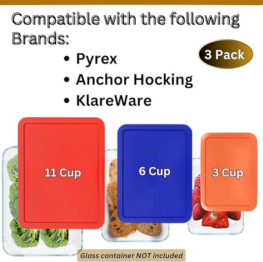 3, 6 & 11 Cup Orange, Blue, Red Replacement Lids/Covers for Pyrex, Anchor Hocking & KlareWare Storage Bowls *Lids Only Glass Container Not Included* (3 Pack *One of Each Size*)