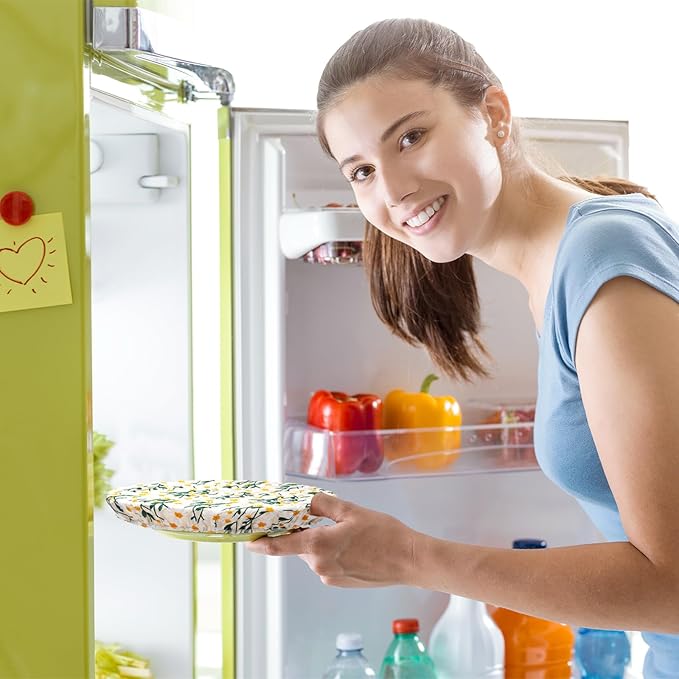 Patelai 10 Pcs Bowl Covers Reusable in 5 Size Stretch Cloth Fabric Elastic Food Storage Bowl Covers Bread Sourdough Lids for Proofing Food Fruits Leftover(Chrysanthemum)