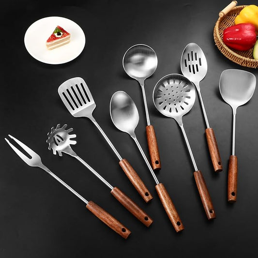304 Stainless Steel Kitchen Utensils Set, 8 Pcs Long Cooking Utensils Set with Wooden Handle, Large Heat Resistant Kitchen Tools(Dishwasher Safe)