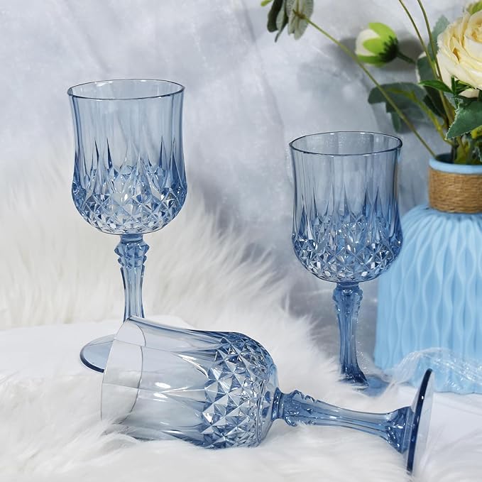 24 Pcs 7 Oz Plastic Goblets for Parties, Blue Plastic Wine Glasses Vintage Champagne Whiskey Crystal Water Goblets for Home, Office, Bars, Wedding, Ribbed (24, Ocean Blue)