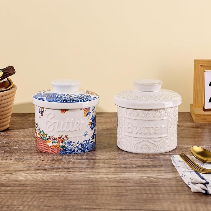 Butter Crock with Water Line, Ceramic Butter Keeper for Counter, French Butter Dish with Lid for Spreadable Fresh Butter (Orange and Blue Lotus)