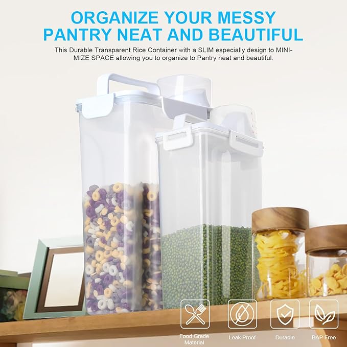Rice Airtight Dry Food Storage Containers 10Lbs, BPA Free Plastic Storage Bin Dispenser with Pourable Spout, Portable Handle, Kitchen Pantry Organization for Cereal, Flour and Baking Supplies