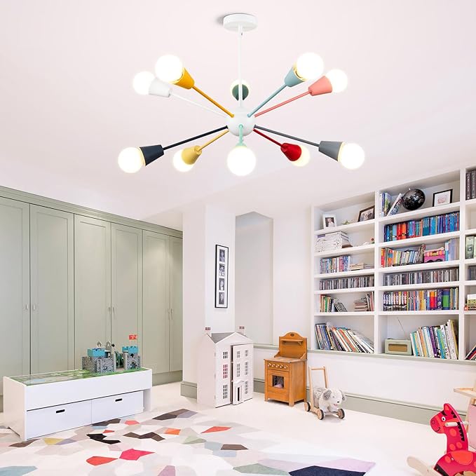 Colorful Sputnik Chandeliers, 10-Light Dining Room Light Fixture Height Adjustable Modern Chandelier Lighting Kids Ceiling Light Fixture for Bedroom Living Room Entryway Foyer