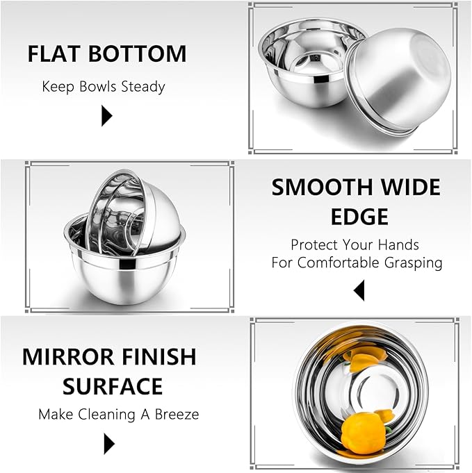 P&P CHEF Multicolor Mixing Bowls with Lids, Set of 3, Stainless Steel Salad Nesting Bowl for Mixing, Storing, Prepping, Airtight & Stackable, Size 4.6/3 /1.5 QT