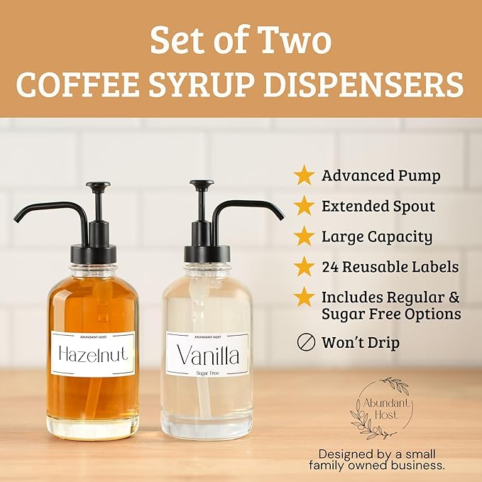 Coffee Syrup Dispensers, Set of 2, Coffee Syrup Bottles with Pump and Labels, 500 ml, Espresso Bar Accessories, Glass Bottles with Pump, Black Upgraded Dispenser, 16.9 oz