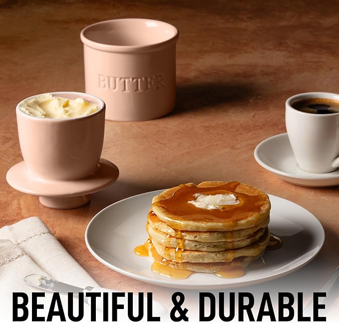 Zulay Kitchen Butter Crock With Lid & Spreader Knife for Countertop - Ceramic French Butter Dish Keeper For Fresh & Spreadable Butter - Peach