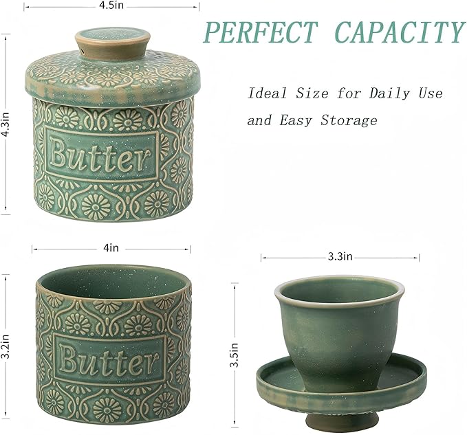 Ceramic Butter Crock with Lid, French Butter Dish with Water Line for Countertop, Butter Keeper for Spreadable Butter, Container Holder for Kitchen and Home Decor, 6.7 OZ, Vintage Green