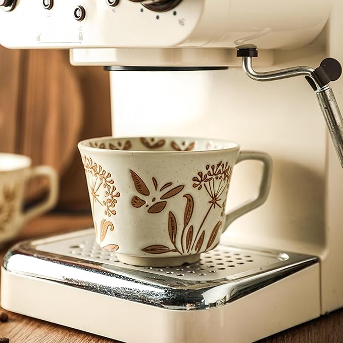 12oz Vintage Ceramic Coffee Mug Set of 2 - Handmade Stoneware Pottery Countryside Farmhouse Fall Autumn Tea Mugs with Big Handle for Latte,Cocoa,Dishwasher & Microwave Safe Cups (Plants)