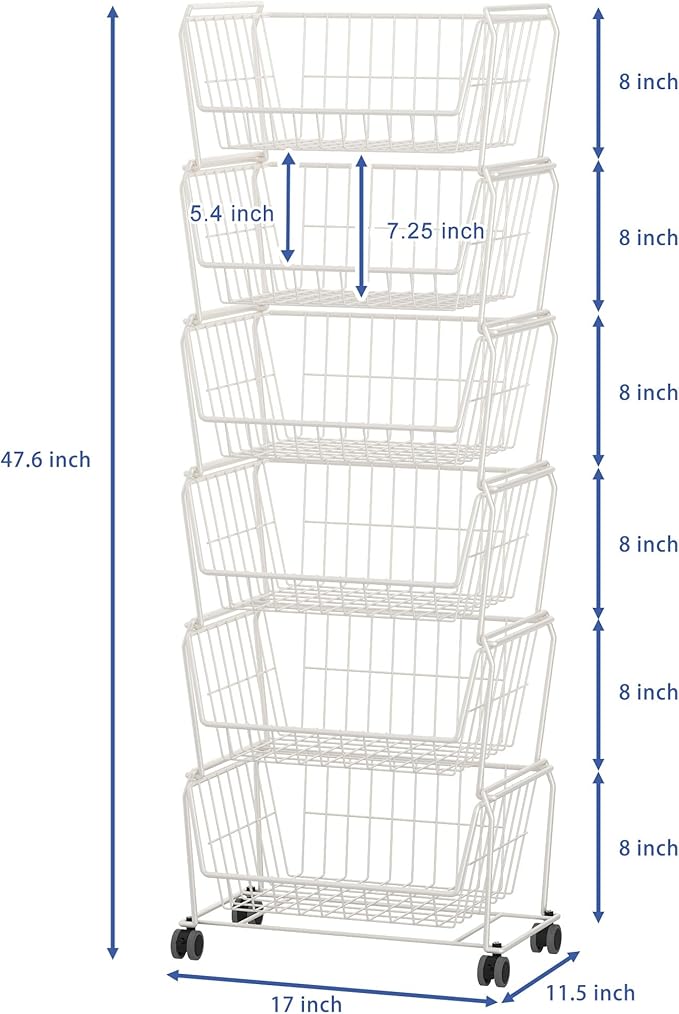 PUSDON Stackable Metal Storage Carts, Dual Use Shelf for Kitchen Fruit Vegetable Baskets with Wheels, Storage Rack for Living Room, Home & Office, Standard White 6 Tiers