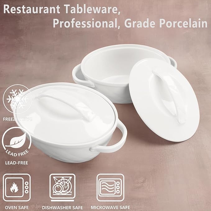 Oval Casserole Dish 23.7 oz, French Onion Soup Ceramic French Serving Soup Tureen Set, Set of 2 Ceramic Mini Cocotte Set, Baking Dish with Lids and Handles, Microwave Dishwasher Oven Safe