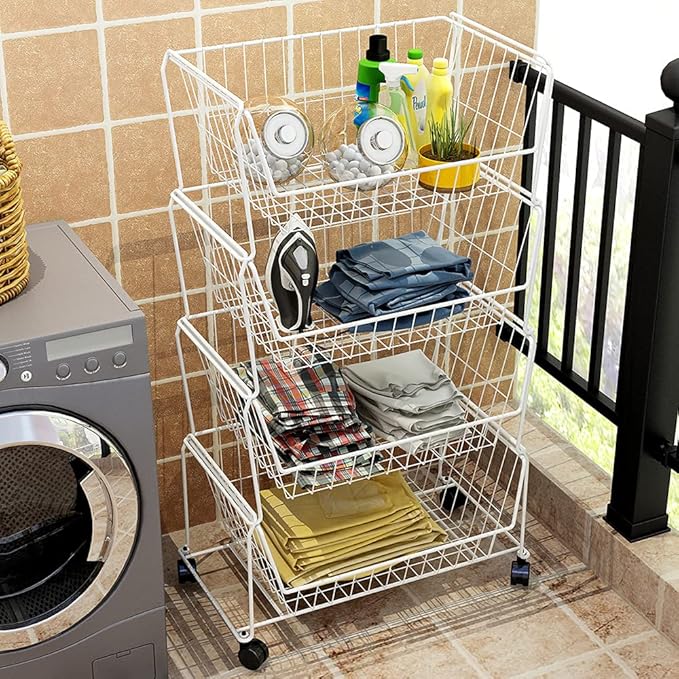 PUSDON Stackable Metal Storage Carts, Dual Use Shelf for Kitchen Fruit Vegetable Baskets with Wheels, Storage Rack for Living Room, Home & Office, Plus White 4 Tiers