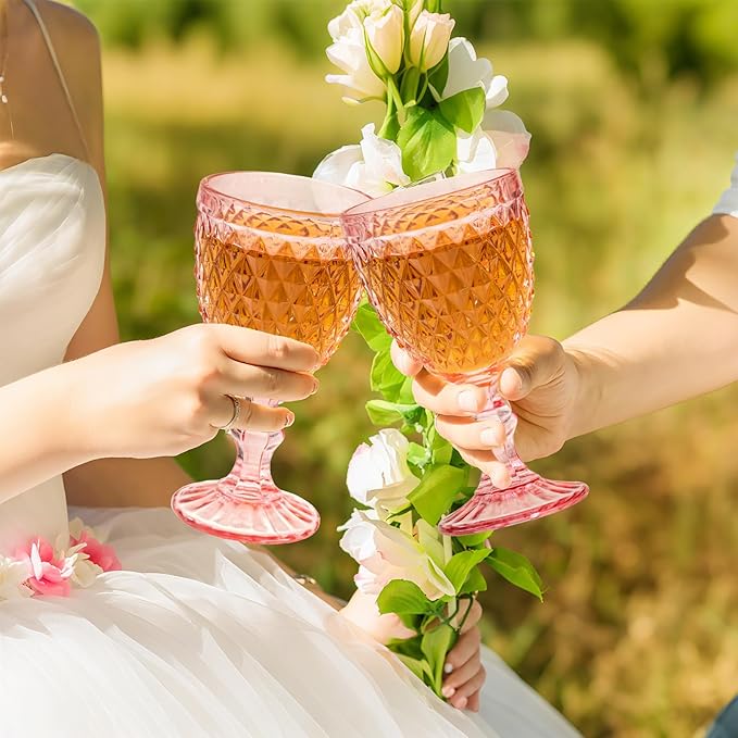 24 Pcs Vintage Wine Glasses, 10 Ounce Colored Glass Water Goblets, Unique Embossed Pattern High Clear Stemmed Glassware Wedding Party Bar Glass Drinking Cups, Diamond Pink Glasses Set of 24