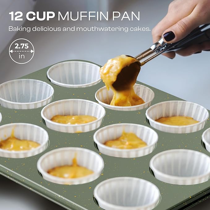 8-Piece Nonstick Bakeware Set, Stackable Oven Pan Set Includes Baking Sheet, Muffin Pan, Cake Pan, Square Pan, Loaf Pan, Cookie Sheet & Cooling Rack (Ceramic Coated Green)