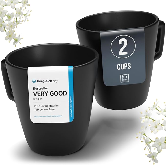 Coffee Cups Set of 2 Manhattan - Premium Stoneware for Dishwasher, Microwave - Mug Set Black Matt - Stylish Tea and Coffee Cups - Pure Living Crockery Urban Black Line