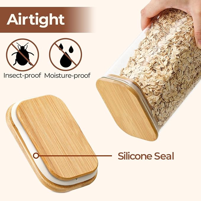 ComSaf 1.2 Qt Rectangle Glass Storage Containers with Lids, Glass Jars with Bamboo Lids, Clear Food Storage Jar, Sugar Coffee Containers, Pantry Container for Pasta Tea Candy Nut