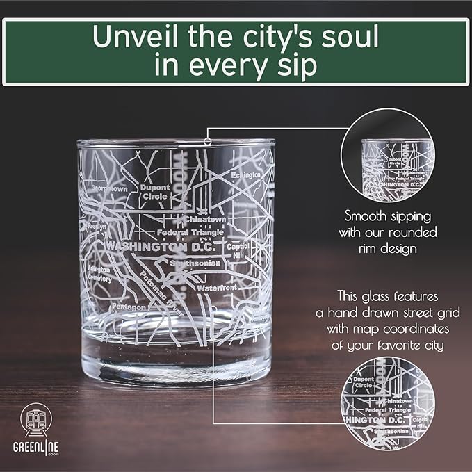 Greenline Goods Whiskey Glasses - 10 Oz Tumbler Gift Set for Washington, DC lovers, Etched with Washington, DC Map | Old Fashioned Rocks Glass - Set of 2