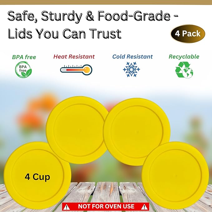 4 Cup/950 mL Yellow Replacement Lids/Covers for Pyrex 7201-PC, 4 Cup/32oz Anchor Hocking & Klare Ware Storage Bowls *Lids Only* - *Glass Container Not Included* (4 Pack, Yellow)