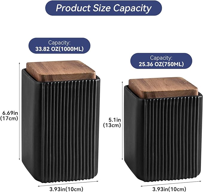 Ceramic Storage Jars Modern Elegant Polished Airtight Gorgeous Storage Canisters with Wooden Lid Small Food Stroage Jar for Kitchen Spice Tea Vanilla Sugar Coffee Beans (Black,Small size,13cm*10cm)
