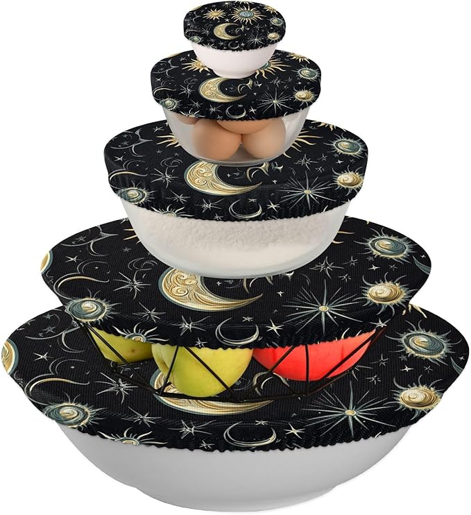 5 Pcs Bowl Covers Reusable in 5 Size Elastic Food Cover Cloth Lids Fresh Keeping Dish Cookware Bakeware Fabric Covers Lids for Food Leftovers Fruits Storage Star Moon Sun Constellation Blac