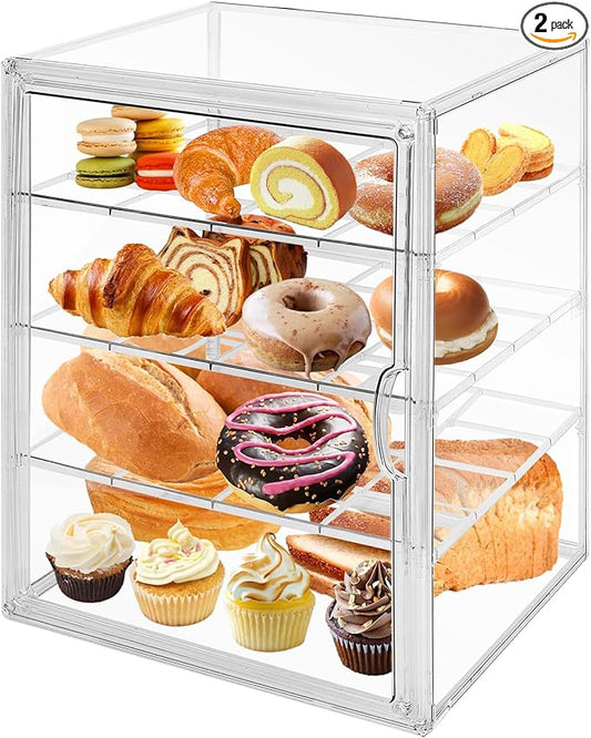 2 PACK Large Clear Bread Box for Kitchen Countertop 4 Layers Acrylic Pastry Display Case Bakery Storage Container with Magnetic Door Bread Keeper for Homemade Cookie Cupcake Muffins Bagel
