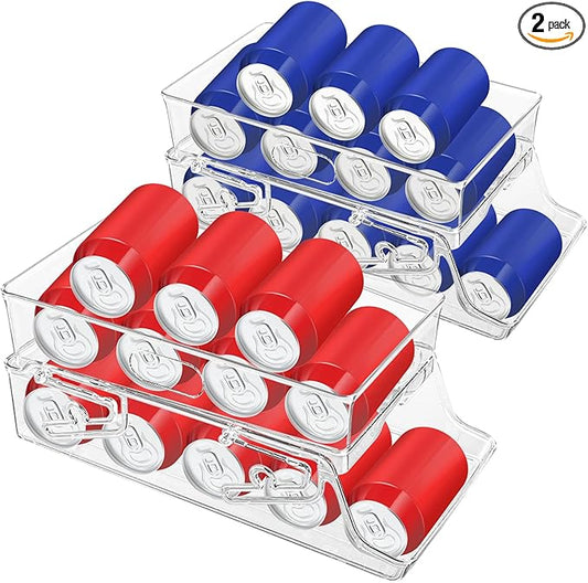 2 PCS Soda Can Organizer for Refrigerator & Pantry, Double Space Saving Auto-Rolling Stacking Can Dispenser, Fits Skinny/Standard/Tall Cans, Clear Fridge Can Holder Storage for Kitchen, Office