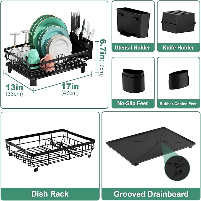 MOUKABAL Dish Drying Rack, Dish Rack, Stainless Steel Dish Racks for Kitchen Counter, Dish Drainer with Removable Utensil Holder, Drainboard (Black)