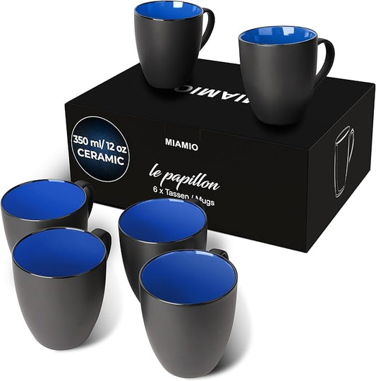 MIAMIO - Set of 6 Stoneware Coffee Mugs 12 Ounce/Cup Set - Le Papillon Collection (Black-Blue)