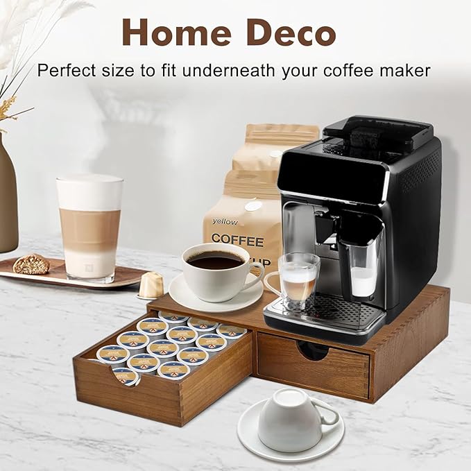 Wooden coffee capsule storage box, coffee machine stand base, kitchen tea set storage, tea set organizer K Pod Dual case Drawer