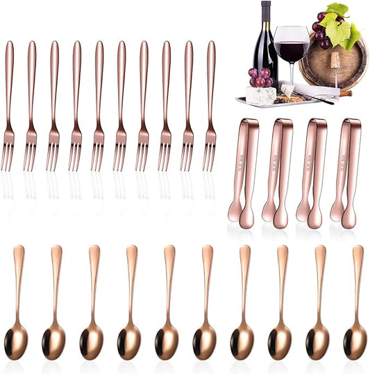 Cunhill 24 Pcs Charcuterie Accessories Mini Cocktail Tongs Small Serving Spoons and Appetizer Forks Stainless Steel Tongs Charcuterie Utensils for Valentine Party Supplies(Vivid Sharp Spoon,Rose Gold)