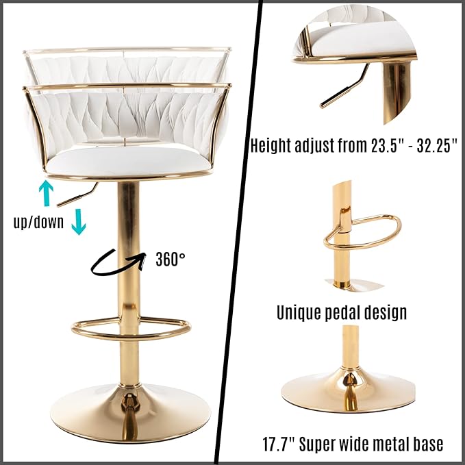LukeAlon Modern Velvet Adjustable Barstools Set of 2, 360° Swivel Counter Stools with Golden Base Upholstered Open Back Tall Bar Chairs with Footrest for Home Pub Kitchen, White