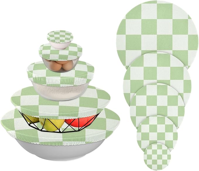 5 Pcs Bowl Covers Reusable in 5 Size Elastic Food Cover Cloth Lids Fresh Keeping Dish Cookware Bakeware Fabric Covers Lids for Food Leftovers Fruits Storage Checkered Mint Green White