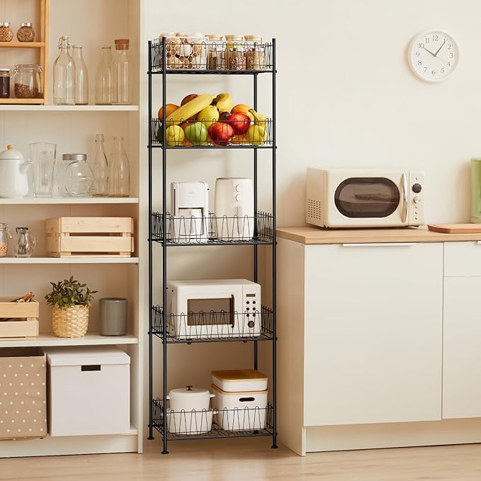 5 Tier Water Bottle Organizer Rack Metal Free Standing Water Storage Rack Beverage Holder Bottled Water Stand for Floor, Space Saver Soda Drink Shelf for Kitchen Living Room, Black