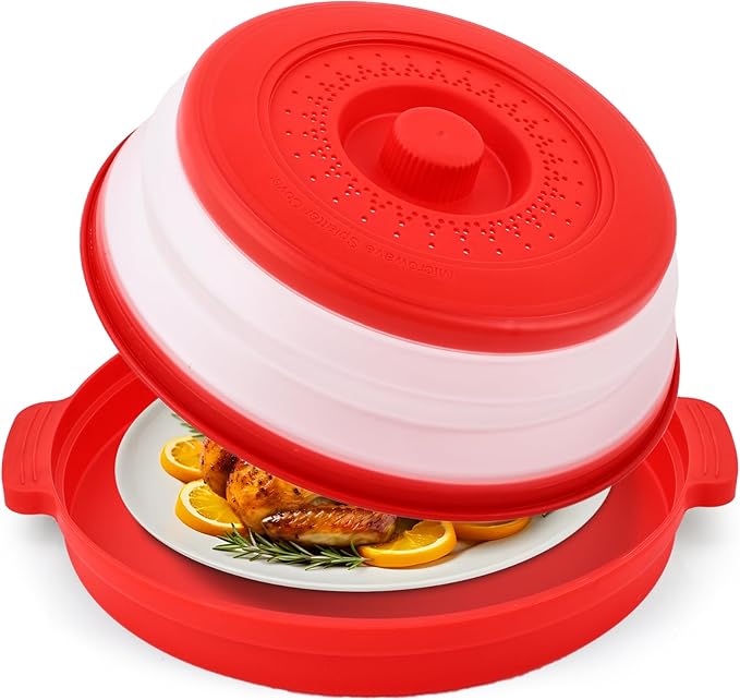 Microwave Food Splatter Cover & Base Mat,10.5 Inch Large Plastic & Silicone Vented Collapsible Guard Lid, Plate Holder & Kitchen Colander for Meal (Red)