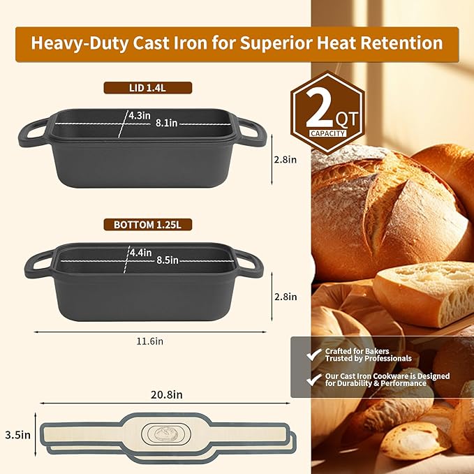 Cast Iron Bread Pan with Lid, Cast Iron Bread Loaf Pan with 2 Silicone Bread Mats, Sourdough Loaf Pan with Lid, Heavy Duty Loaf Pans for Oven Baking Bread, Bread Pans for Homemade Bread