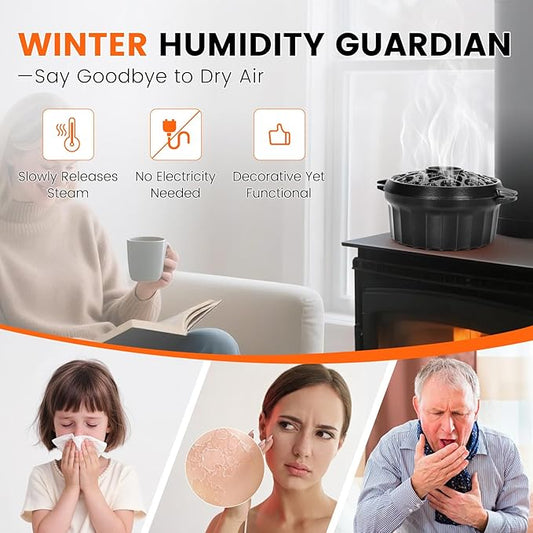 Wood Stove Steamer - Rust Resistant Cast Iron Humidifier Pot with Three-Layer Porcelain Coating for Woodstove, Indoor Fireplace Steamer for Dry Winter, Decorative, 2.7 Quart-Black