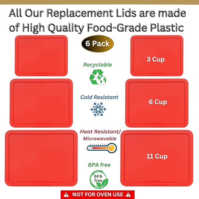 3, 6 & 11 Cup Red Replacement Lids/Covers for Pyrex, Anchor Hocking & KlareWare Storage Bowls *Lids Only Glass Container Not Included* (6 Pack *Two of Each Size*)