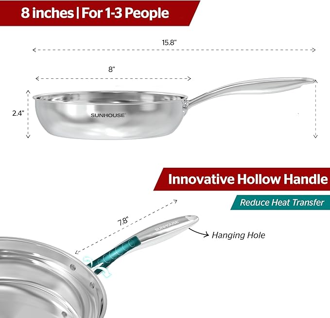 SUNHOUSE – 8 Inch / 20 cm Stainless Steel Frying Pan, Tri-Ply Stainless Steel Construction, PFOA-FREE, Stay-Cool Handle, Induction Compatible with All Cooktops, Dishwasher Safe